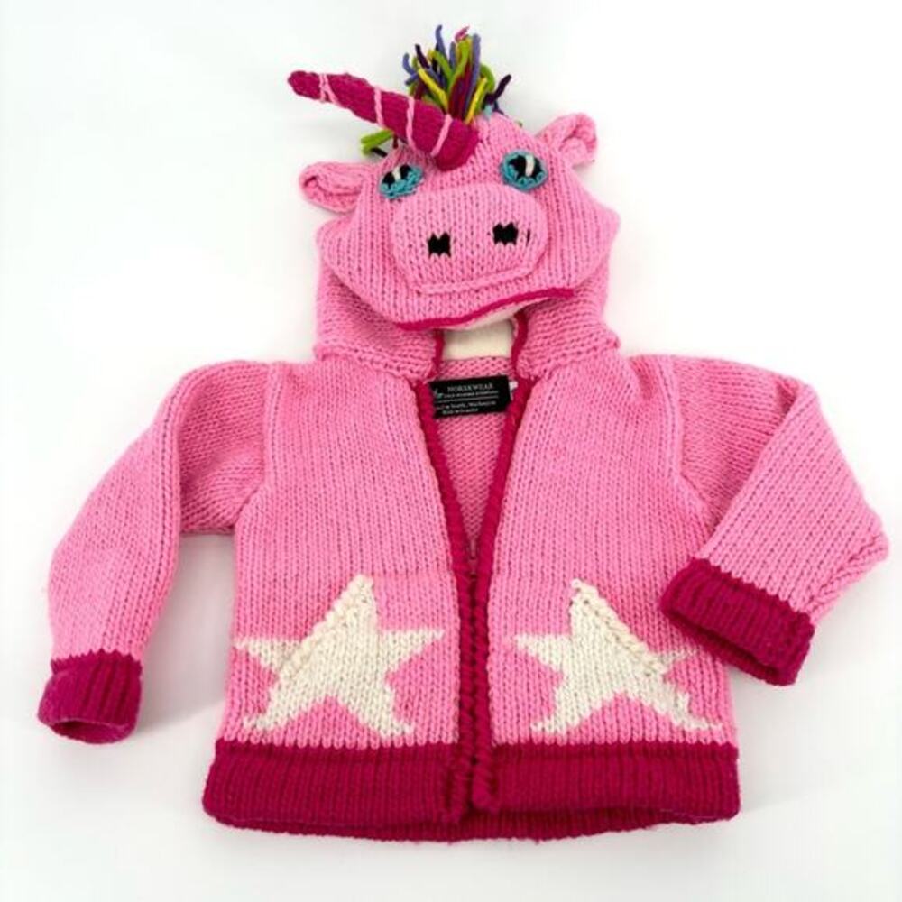 NorskWear Vintage Kids Sweater Size 18 Months Pink Hooded Unicorn Stars‎ Wool